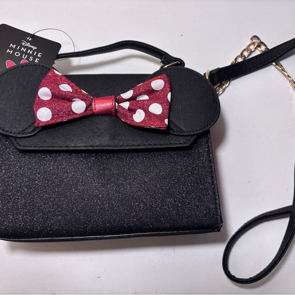 Disney Minnie Mouse Black Glitter Bag with Red Polka Dot Bow